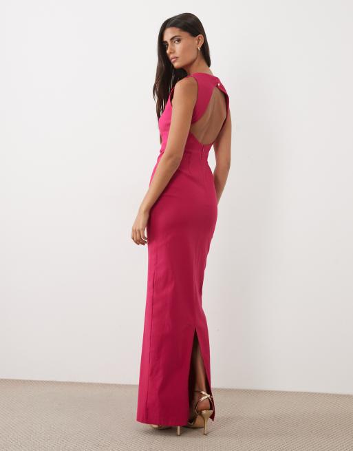 Vesper Bengaline-Maxikleid mit offenem Rücken und hohem Kragen in Fuchsia, 4 von 4
