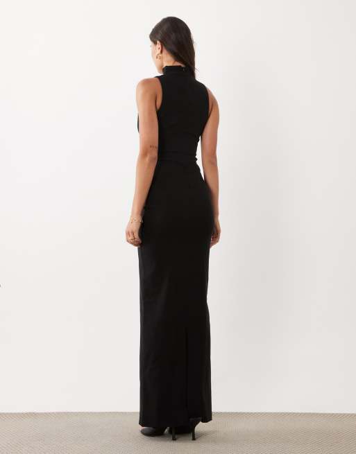 Vesper Bengaline-Maxikleid mit U-Ausschnitt und hohem Kragendetail in Schwarz - BLACK, 4 von 4
