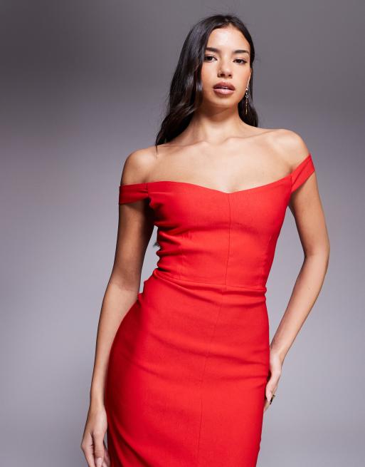Vesper - Bengaline midi jurk met hartvormige bardot-halslijn en split aan de voorkant in rood, 2 van 4