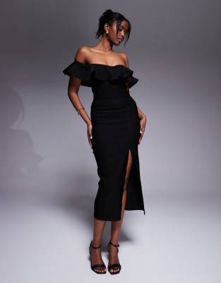 Vesper - Bengaline-Midikleid in Schwarz mit gerüschtem Carmen-Ausschnitt und Seitenschlitz
