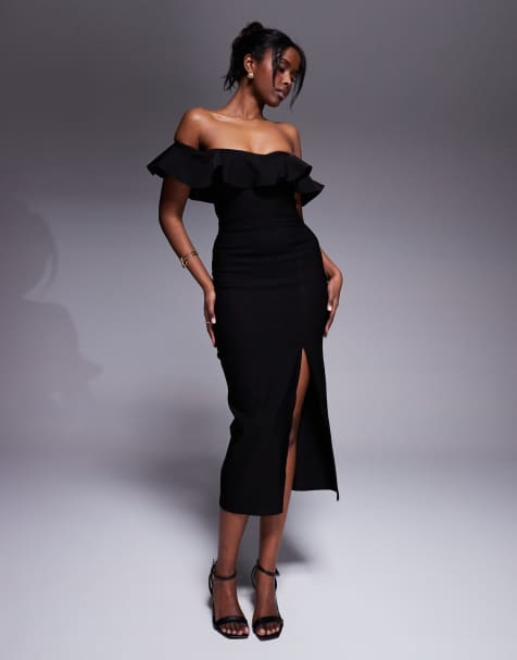 Vesper – Bengaline-Midikleid in Schwarz mit gerüschtem Carmen-Ausschnitt und Seitenschlitz - view 1