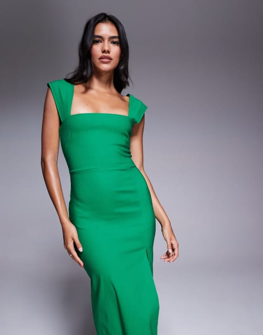 Vesper – Bengaline-Midikleid in Smaragdgrün mit eckigem Ausschnitt und hohem Schlitz, 2 von 4