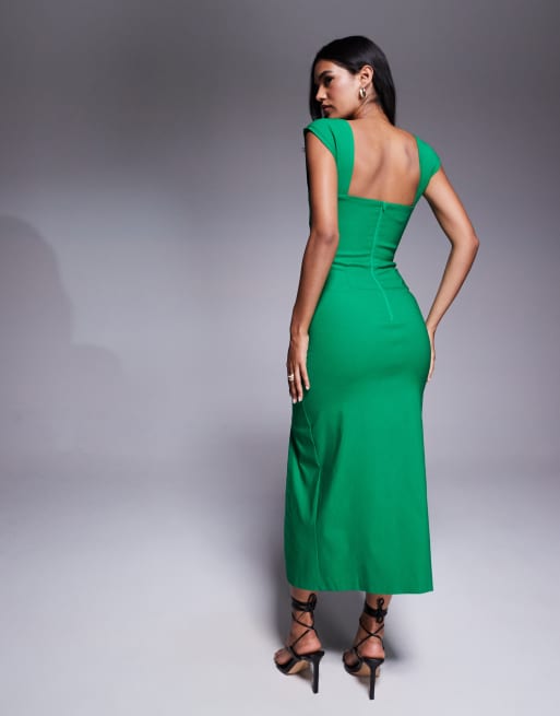 Vesper – Bengaline-Midikleid in Smaragdgrün mit eckigem Ausschnitt und hohem Schlitz, 4 von 4