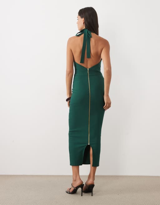 Vesper Bengaline-Midikleid mit U-Ausschnitt, Neckholder und Bindedetail in Dunkelgrün, 3 von 4