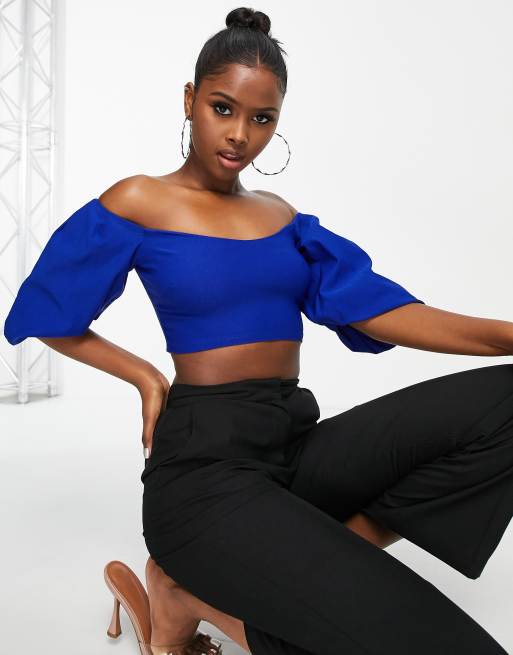 Vesper bengaline off shoulder crop top with puff sleeves in cobalt - part of a set