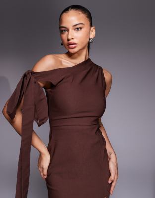 Vesper Bengaline Off Shoulder Drape Detail Maxi Dress In Brown