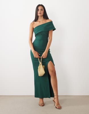 Vesper Bengaline Off Shoulder Foldover Maxi Dress In Green