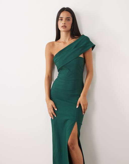 Vesper bengaline off shoulder foldover maxi dress in forest green, 3 of 4