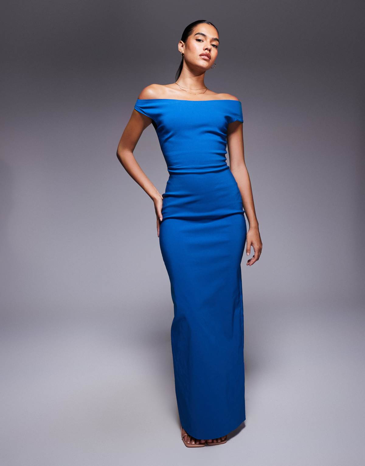 Vesper bengaline off shoulder maxi dress in blue