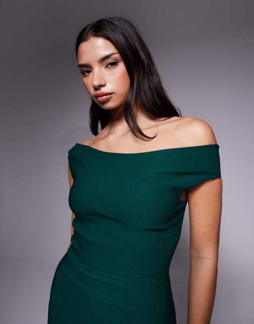 Vesper bengaline off shoulder maxi dress in forest green