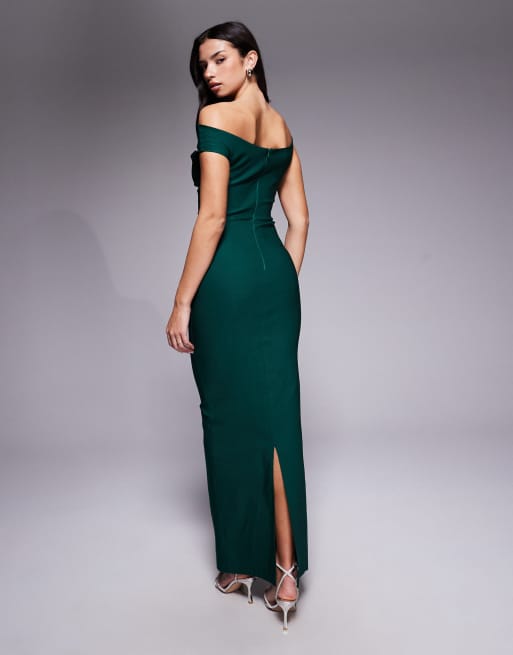 Vesper bengaline off shoulder maxi dress in forest green