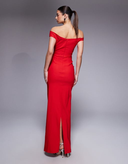 Vesper bengaline off shoulder maxi dress in red, 4 of 4
