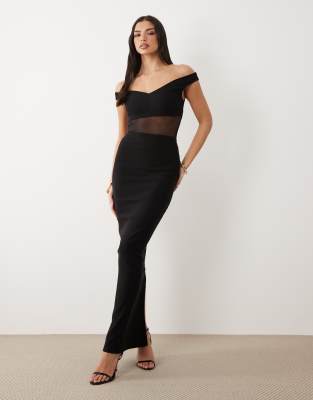 Vesper Bengaline Sweetheart Neckline Off Shoulder Mesh Panel Maxi Dress In Black