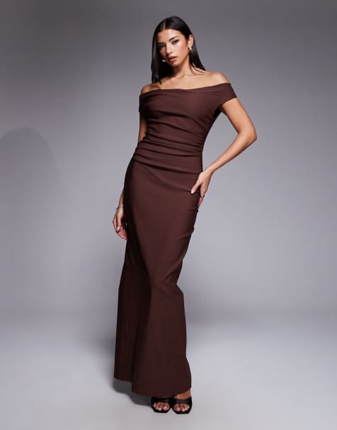 Vesper Bengaline off shoulder ruched front maxi dress in chocolate - view 1