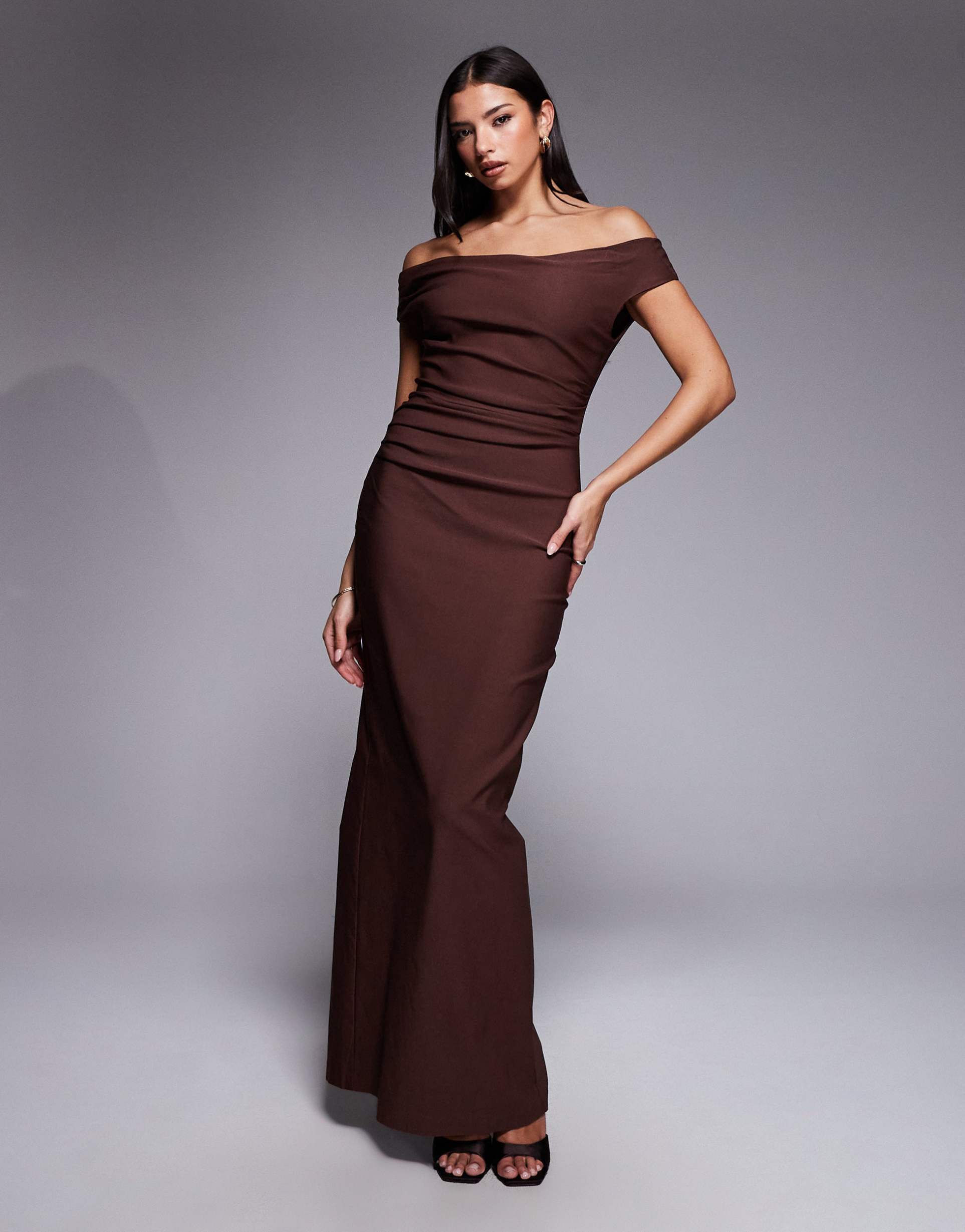 vesper bengaline off shoulder ruched front maxi dress in chocolate