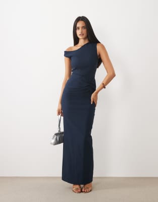 Vesper Bengaline Off Shoulder Ruched Front Maxi Dresss In Navy