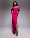 [Vesper] Vesper bengaline off-shoulder ruched waist detail side split maxi dress in fuchsia-Pink 8 PINK