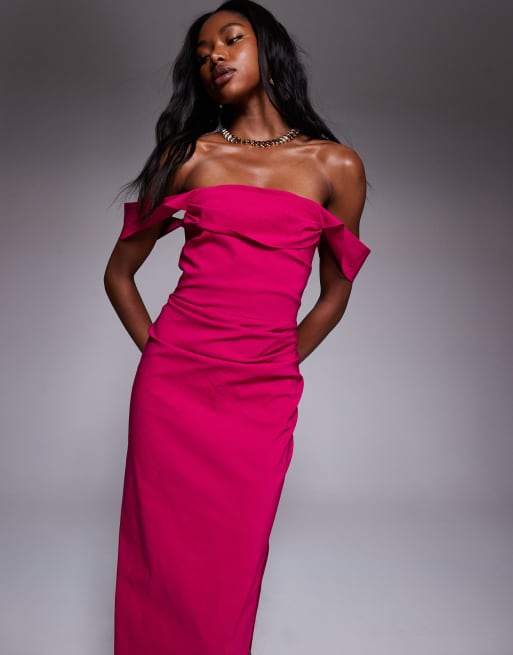 Vesper bengaline off-shoulder ruched waist detail side split maxi dress in fuchsia, 4 of 4