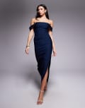 [Vesper] Vesper bengaline off shoulder ruched waist detail side split maxi dress in navy 14 NAVY