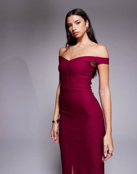 Vesper bengaline off shoulder split front midi dress in berry - view 1
