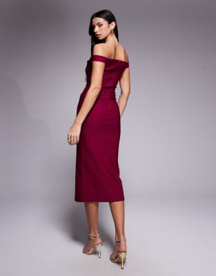Vesper Bengaline Off Shoulder Split Front Midi Dress In Pink