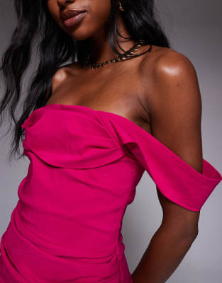 Vesper Bengaline Off The Shoulder Ruched Waist Detailing Side Slit Maxi Dress In Pink