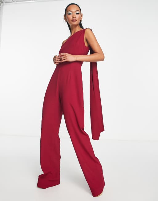 Vesper bengaline one drape shoulder jumpsuit in raspberry