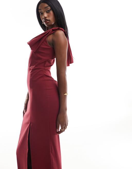 red one shoulder bow dress One Shoulder Satin Bow Cocktail Dress In Hot Pepper