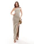 [Vesper] Vesper bengaline one shoulder bow detail side split maxi dress in stone-Neutral 10 STONE