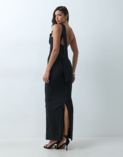 Vesper bengaline one shoulder drape detail maxi dress in black - view 1