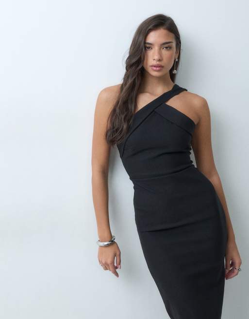 Vesper bengaline one shoulder drape detail maxi dress in black, 2 of 5