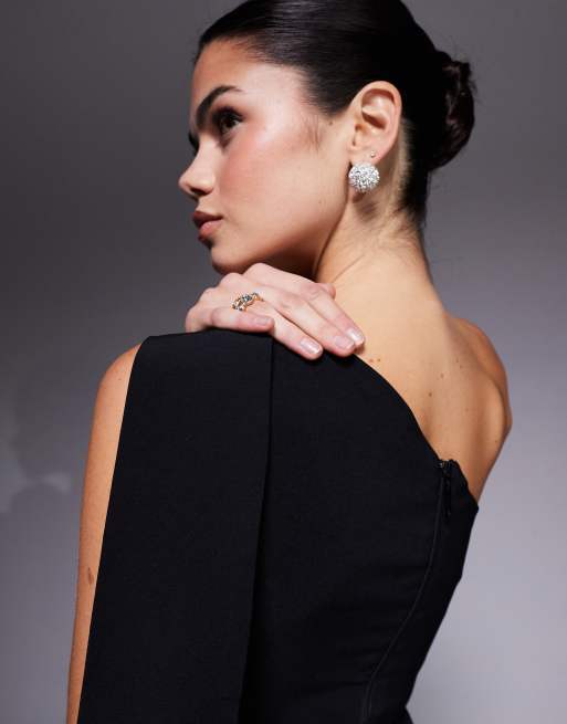 Vesper bengaline one shoulder drape detail side split maxi dress in black, 2 of 4
