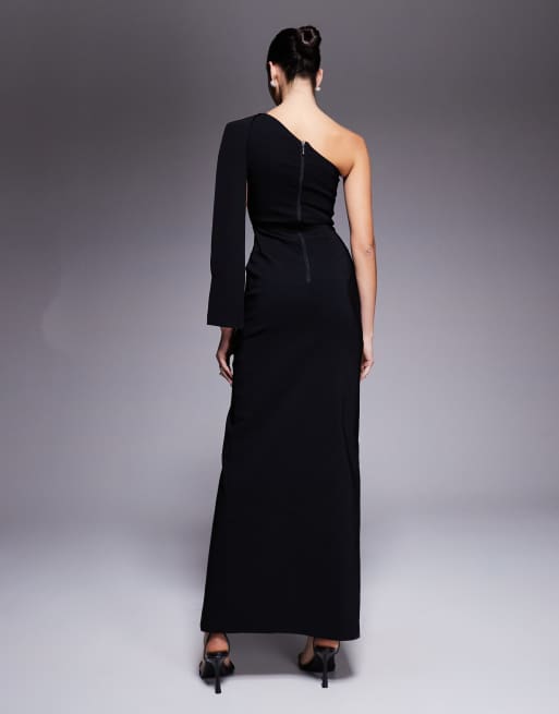 Vesper bengaline one shoulder drape detail side split maxi dress in black, 3 of 4
