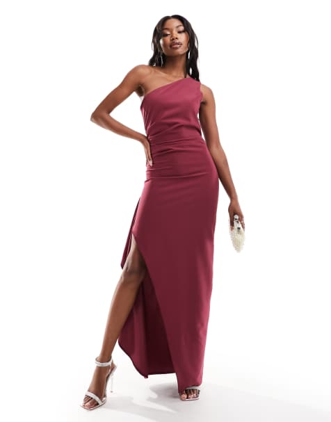 Vesper bengaline one shoulder drape side split maxi dress in berry - view 1