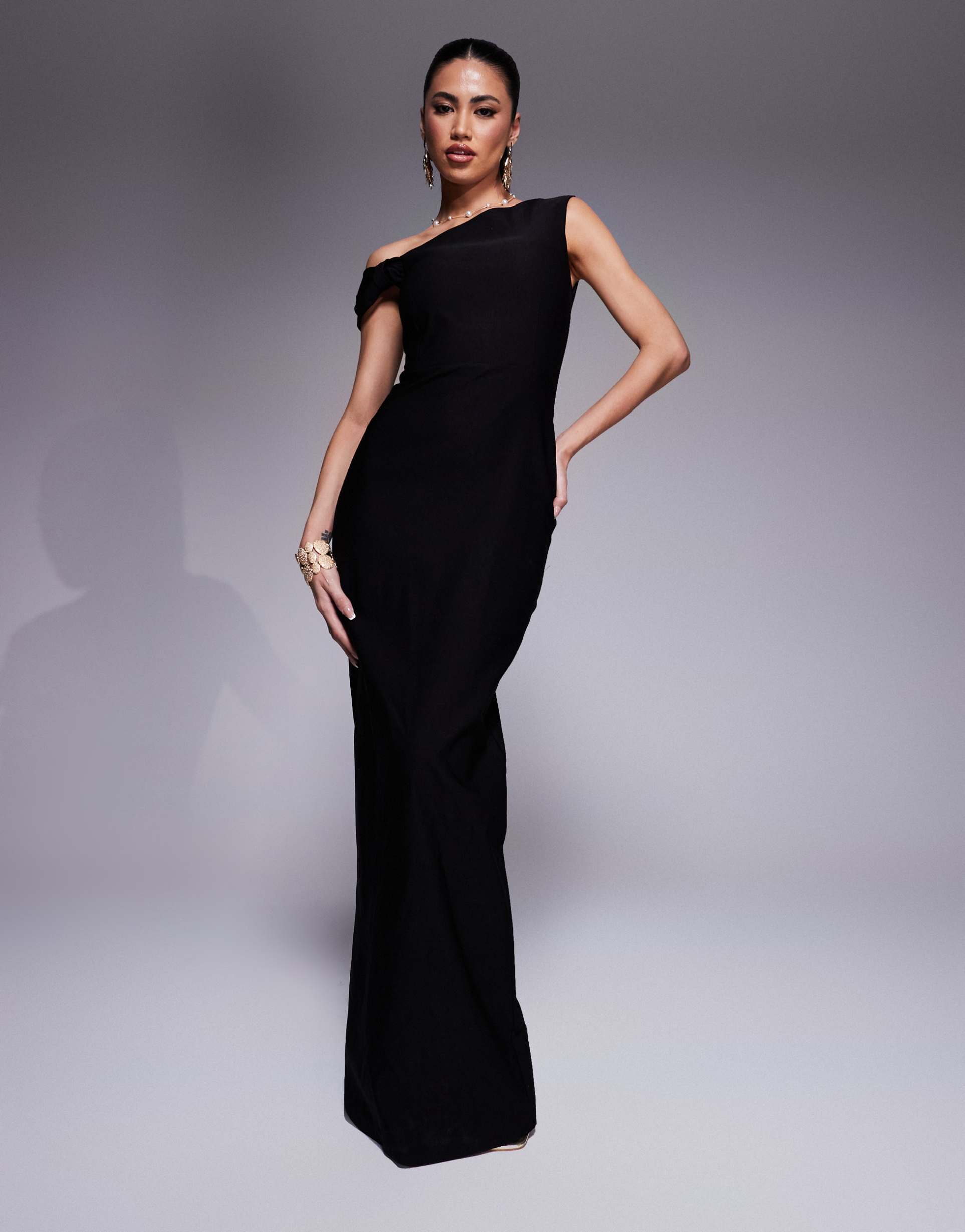 vesper bengaline one shoulder knot detail maxi bodycon dress in black