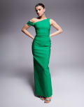 [Vesper] Vesper bengaline one shoulder knot detail maxi bodycon dress in emerald-Green 16 Emerald