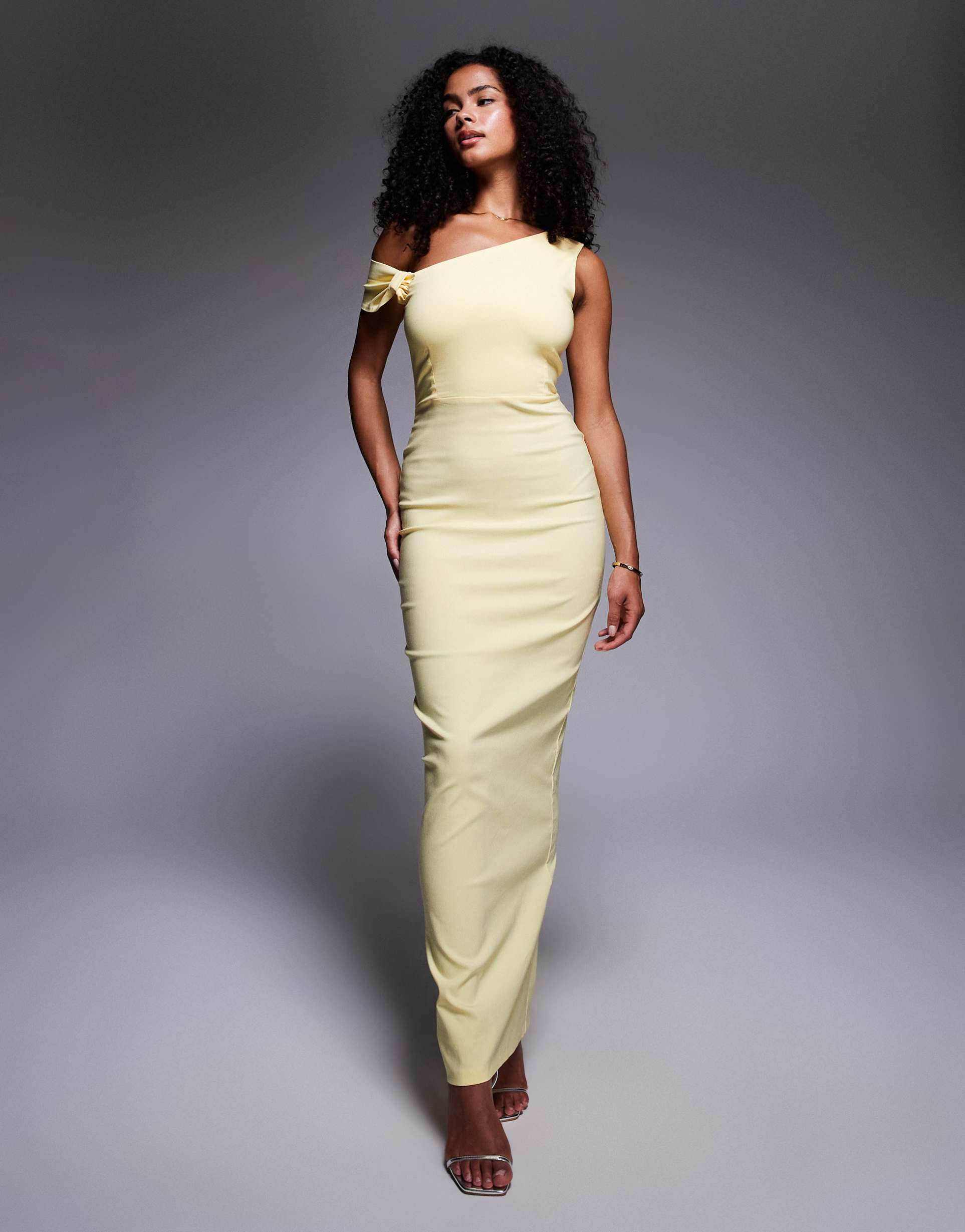 vesper bengaline one shoulder knot detail maxi bodycon dress in yellow