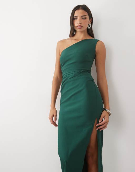 Vesper bengaline one shoulder maxi dress in forest green, 2 of 4