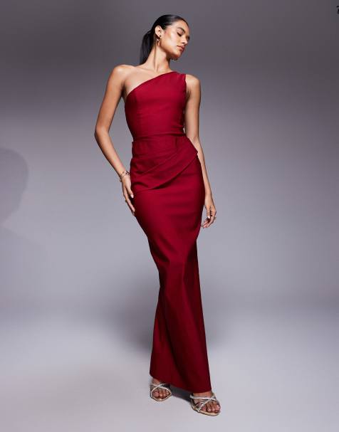 Vesper bengaline one shoulder ruched drape waist detail maxi dress in wine - view 1