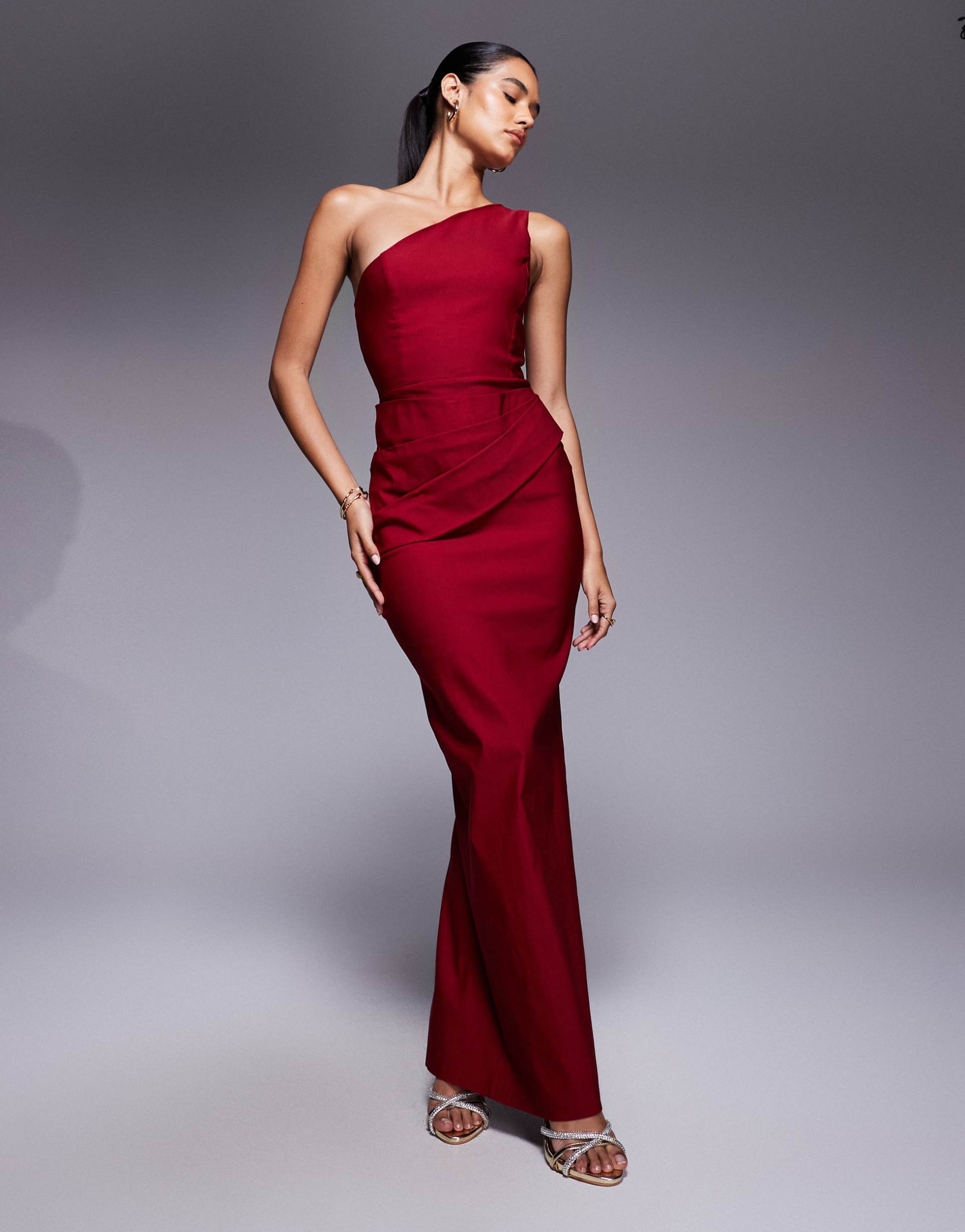 vesper bengaline one-shoulder ruched drape waist detail maxi dress in wine