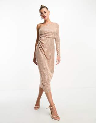 bengaline one shoulder shimmery midi dress in gold