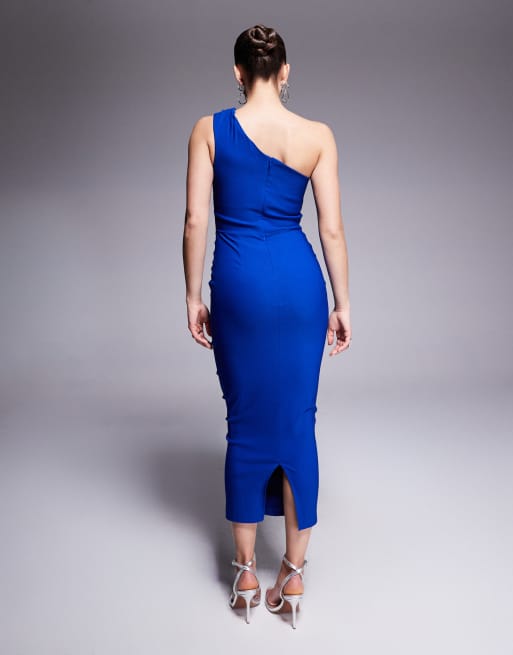 Vesper bengaline one shoulder strap bodycon midaxi dress in cobalt