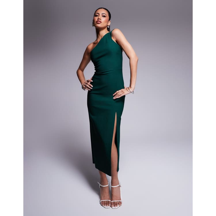 Vesper bengaline one shoulder thigh split midaxi dress in forest green |  ASOS