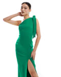 [Vesper] Vesper bengaline one shoulder tie detail maxi dress with thigh split in green 6 Emerald green