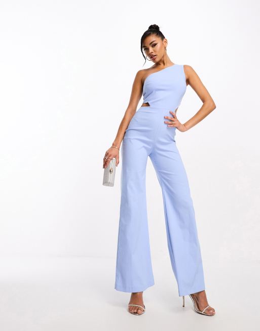 Vesper bengaline one shoulder wide leg jumpsuit in pale blue