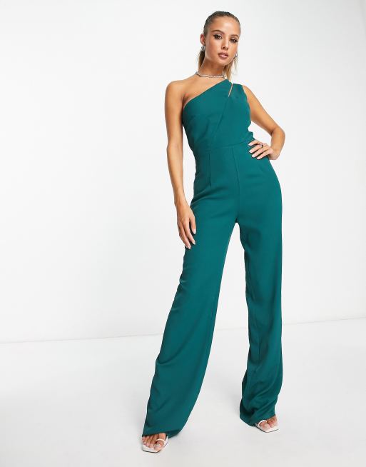 Vesper bengaline one slash shoulder jumpsuit in forest green