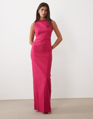 Vesper Bengaline Open Back High Neck Maxi Dress In Pink