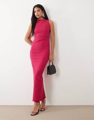 Vesper bengaline open back high neck maxi dress in hot pink cerise