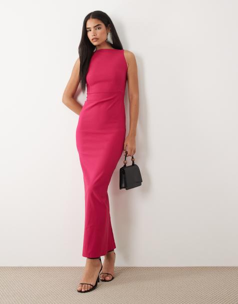 Vesper bengaline open back high neck maxi dress in hot pink - view 1