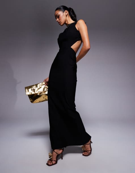 Vesper bengaline open back tie detail maxi dress in black - view 1